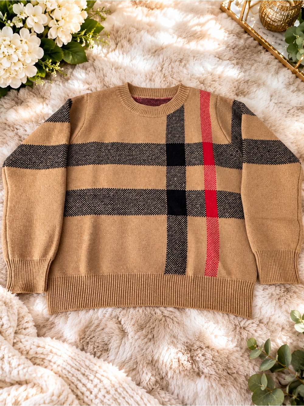 Women's Camel Crewneck Sweater with Black & Red Plaid Detail